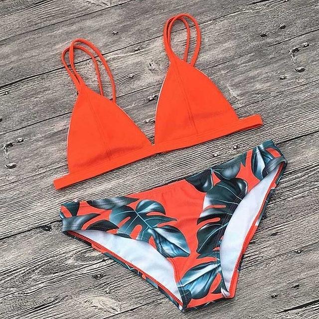 Women Split Swimwear Bikini Set Tropical Leave Print Bottom Solid Top Female Brazilian Bather Suit Swimsuit Swim Maillot Tankini