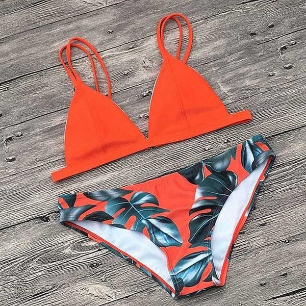 Women Split Swimwear Bikini Set Tropical Leave Print Bottom Solid Top Female Brazilian Bather Suit Swimsuit Swim Maillot Tankini
