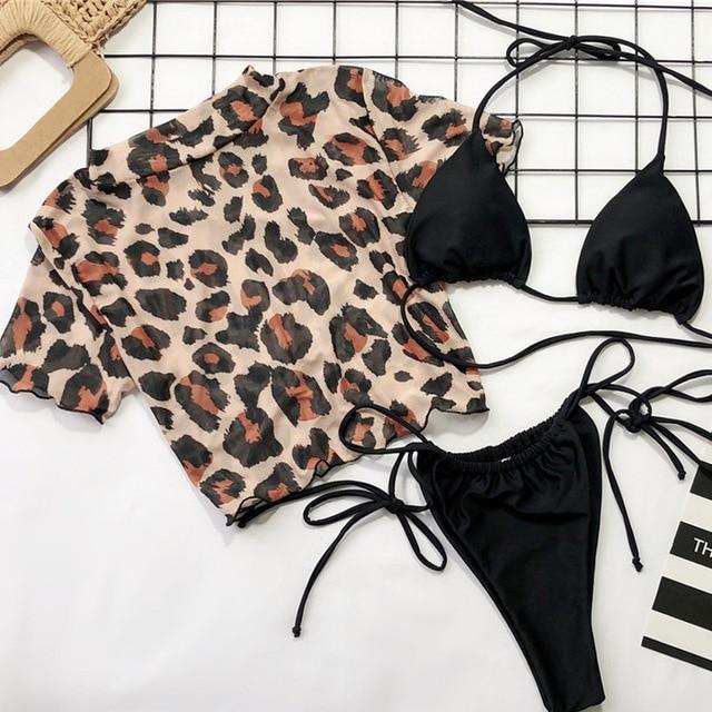 Aartiee Brazilian bikini 3 pieces Leopard print High cut swimsuit female Sexy Mesh Crop top swimwear women 2019 String biquini