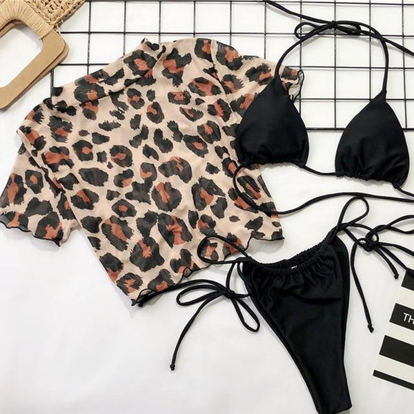 Aartiee Brazilian bikini 3 pieces Leopard print High cut swimsuit female Sexy Mesh Crop top swimwear women 2019 String biquini