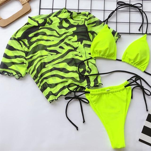 Aartiee Brazilian bikini 3 pieces Leopard print High cut swimsuit female Sexy Mesh Crop top swimwear women 2019 String biquini