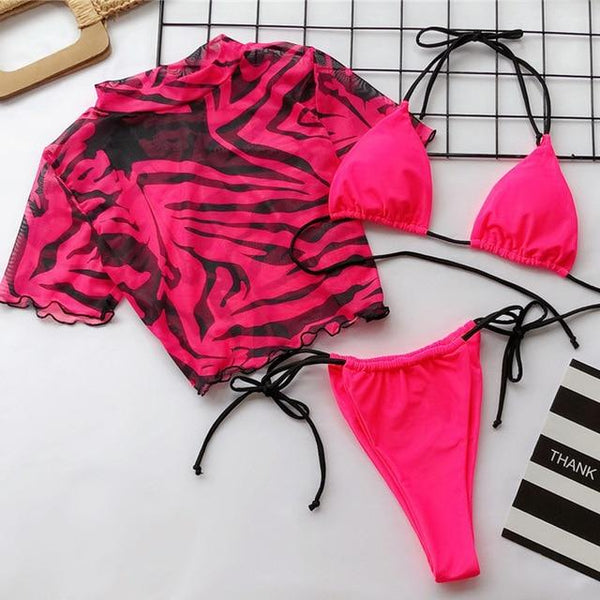 Aartiee Brazilian bikini 3 pieces Leopard print High cut swimsuit female Sexy Mesh Crop top swimwear women 2019 String biquini