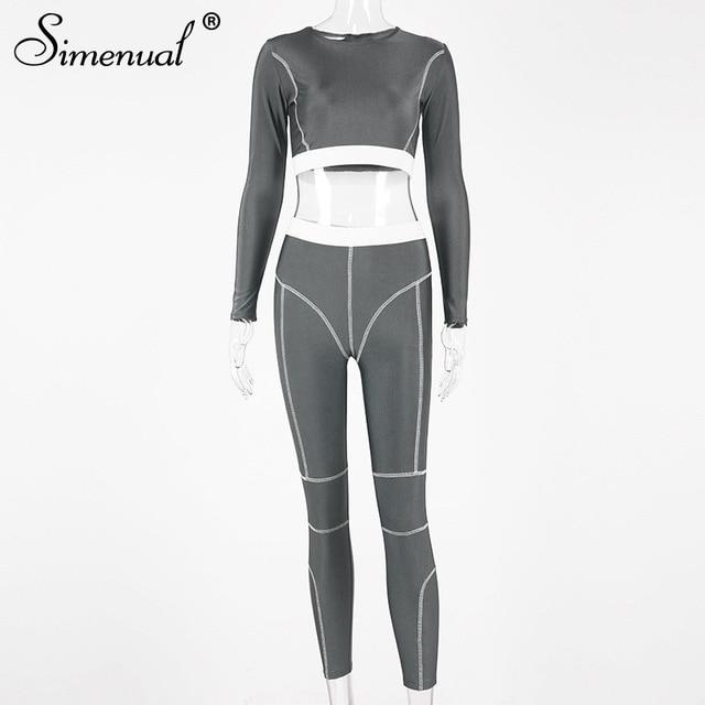 Simenual Fitness Sporty Active Wear Tracksuits Women Casual Fashion Workout 2 Piece Sets Long Sleeve Top And Leggings Set Solid