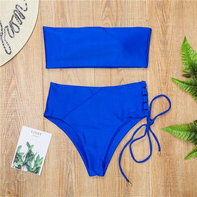 New Solid Swimsuit High Waist Bandage  Sexy Bikini Set Off Shoulder Two Pieces Swimwear Swimming Bathing Suit  Mujer Swimsuit
