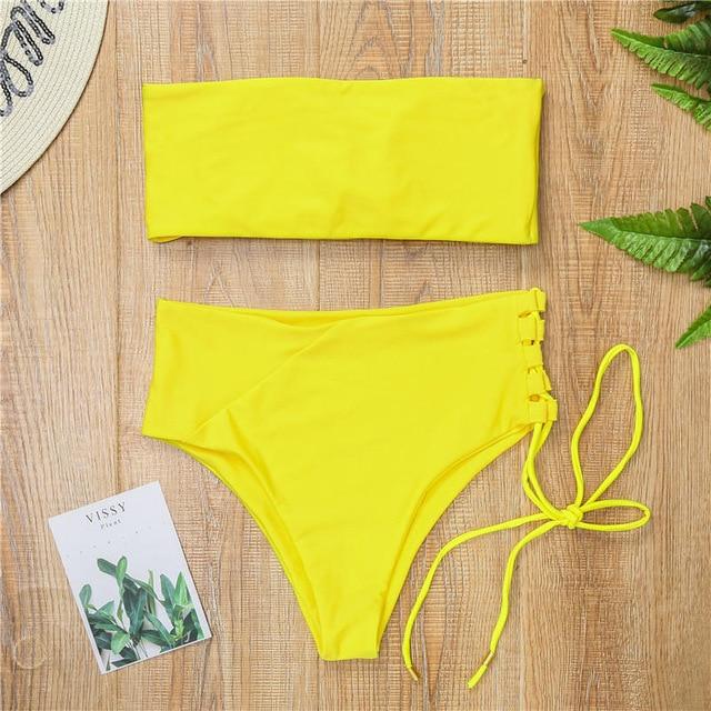 New Solid Swimsuit High Waist Bandage  Sexy Bikini Set Off Shoulder Two Pieces Swimwear Swimming Bathing Suit  Mujer Swimsuit