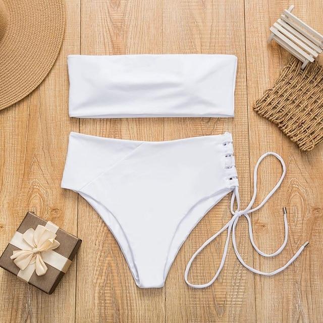 New Solid Swimsuit High Waist Bandage  Sexy Bikini Set Off Shoulder Two Pieces Swimwear Swimming Bathing Suit  Mujer Swimsuit