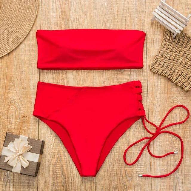 New Solid Swimsuit High Waist Bandage  Sexy Bikini Set Off Shoulder Two Pieces Swimwear Swimming Bathing Suit  Mujer Swimsuit