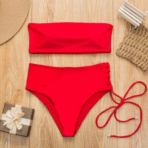 New Solid Swimsuit High Waist Bandage  Sexy Bikini Set Off Shoulder Two Pieces Swimwear Swimming Bathing Suit  Mujer Swimsuit