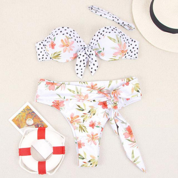 Miyouj Sexy Floral Bikini Hollow Out Swimsuit Stripe Cross String Swimwear Biquinis Feminino 2019 Bathing Suit Women Bikini Set