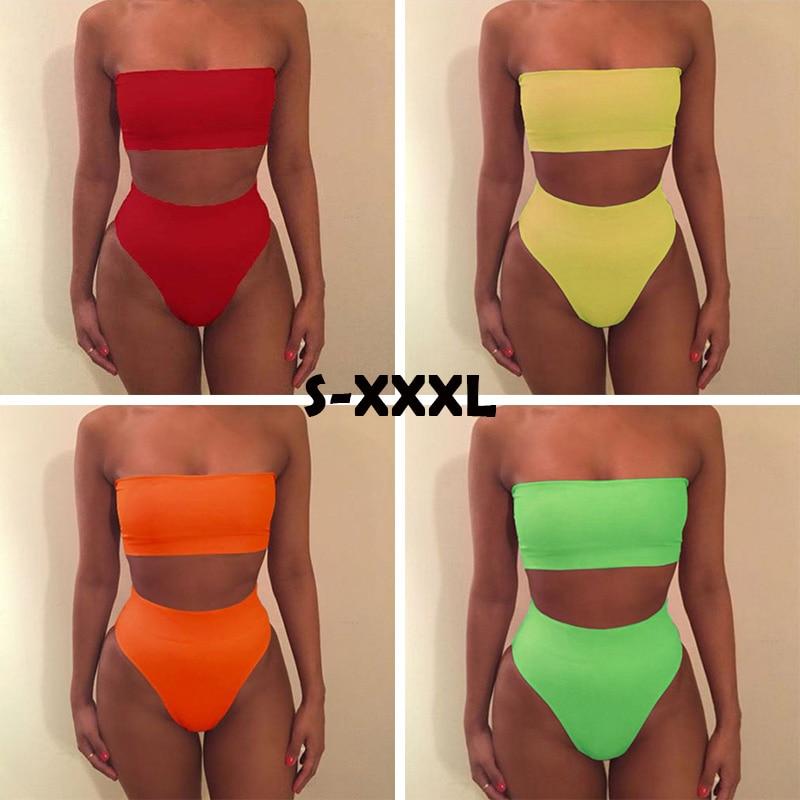 Fashion Women Off-Shoulder Strap Neon Green Yellow Swimsuit Bandeau Bikini High Waist Beach Bathing Suit With Plus Size XL XXL