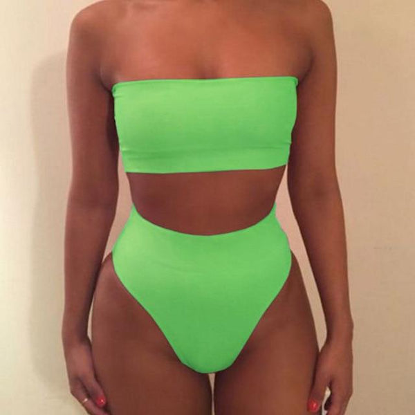 Fashion Women Off-Shoulder Strap Neon Green Yellow Swimsuit Bandeau Bikini High Waist Beach Bathing Suit With Plus Size XL XXL