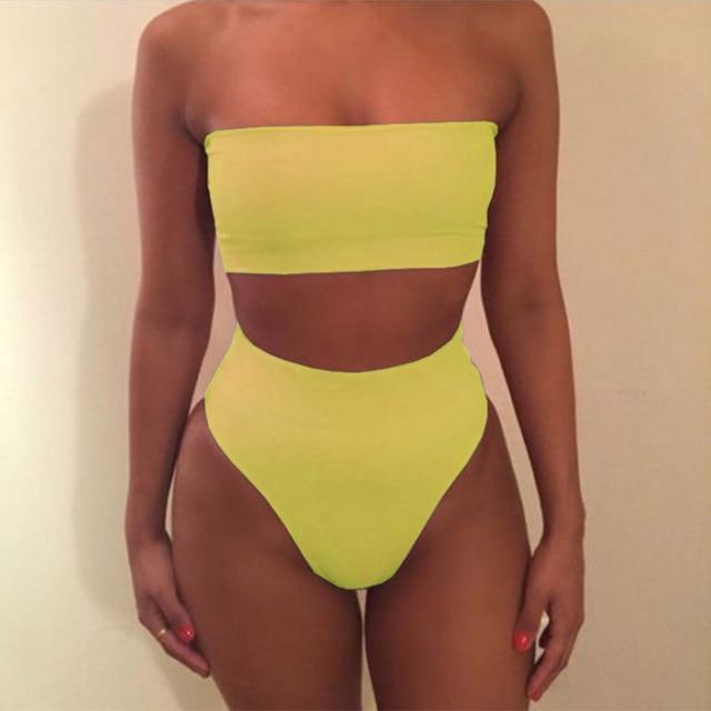Fashion Women Off-Shoulder Strap Neon Green Yellow Swimsuit Bandeau Bikini High Waist Beach Bathing Suit With Plus Size XL XXL