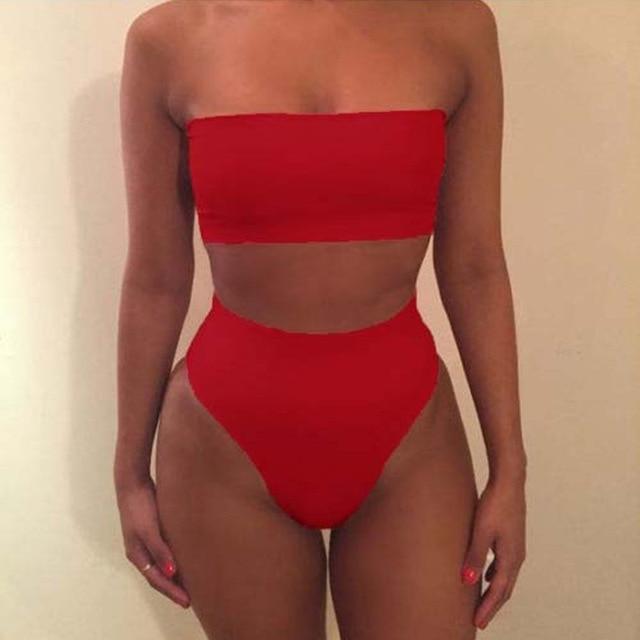 Fashion Women Off-Shoulder Strap Neon Green Yellow Swimsuit Bandeau Bikini High Waist Beach Bathing Suit With Plus Size XL XXL