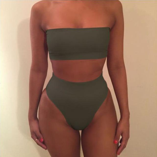 Fashion Women Off-Shoulder Strap Neon Green Yellow Swimsuit Bandeau Bikini High Waist Beach Bathing Suit With Plus Size XL XXL