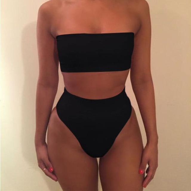 Fashion Women Off-Shoulder Strap Neon Green Yellow Swimsuit Bandeau Bikini High Waist Beach Bathing Suit With Plus Size XL XXL