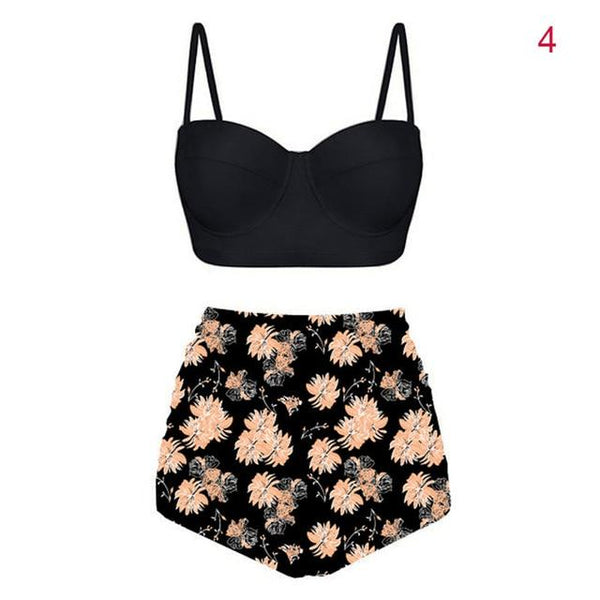 NEW Women High Waist Tankinis Top with Pants Strappy Crop Tops Print Slim Fit Shorts Swimsuit