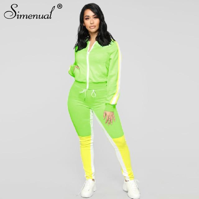 Simenual Sporty Patchwork Women Matching Sets Autumn Active Wear Workout 2 Piece Outfits Zipper Long Sleeve Casual Fashion Set