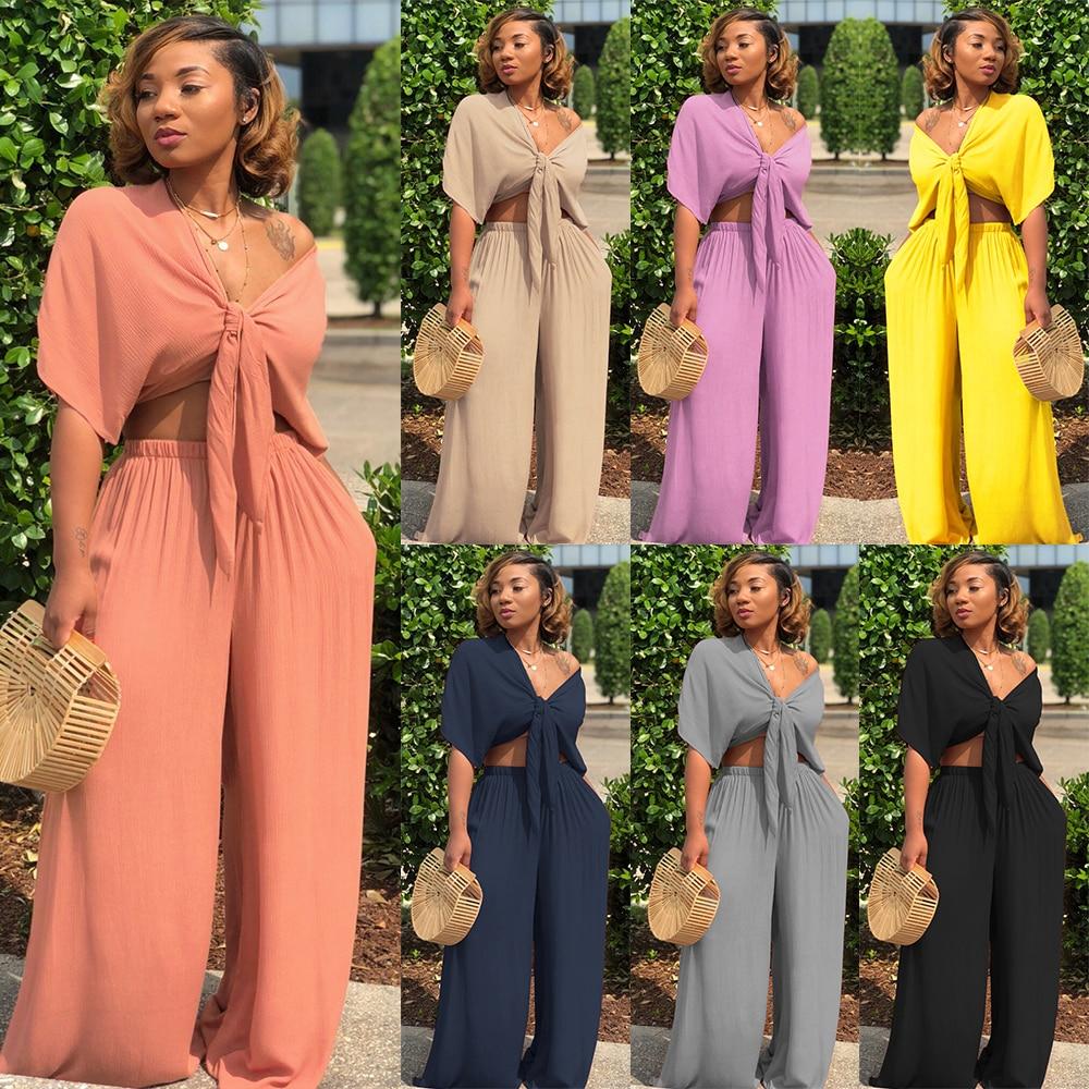 wholesale solid casual loose wide leg two piece set women clothing