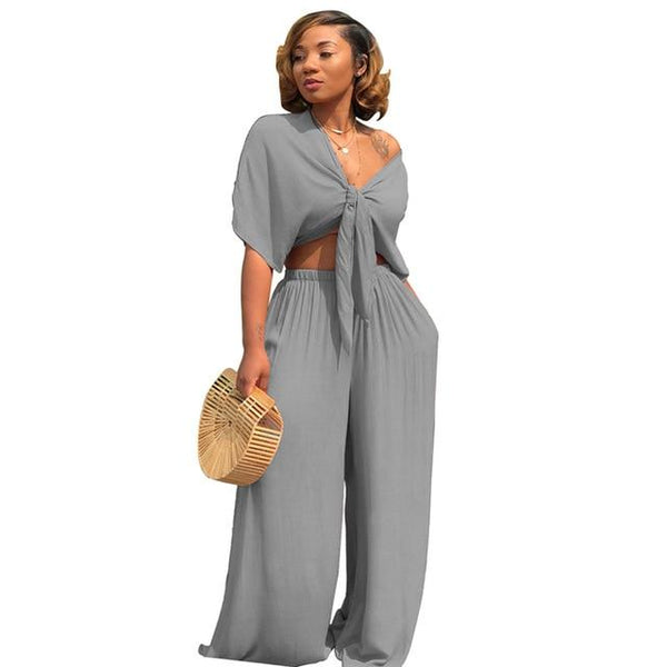 wholesale solid casual loose wide leg two piece set women clothing