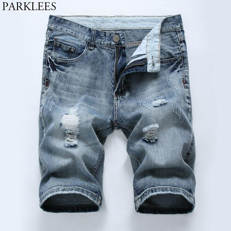 Men's Fashion Ripped Shorts Jeans 2018 Summer New Cotton Slim Denim Shorts Mens Casual Knee Length Straight Jeans Shorts Hommes