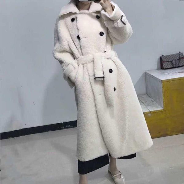 2019 BFFUR Long Woolen Jacket With Belt Real Fur Coat Turn Down Collar Women's Coats Natural Sheepskin Female Winter Outfit