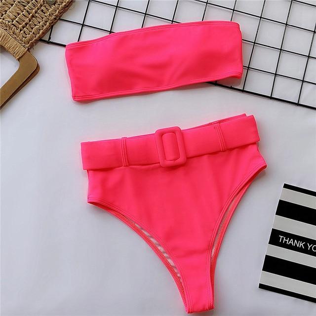 High waist Brazilian neon bikini 2019 Belt swimwear women Bandeau swimsuit female Push up bathing suit Summer bathers biquini