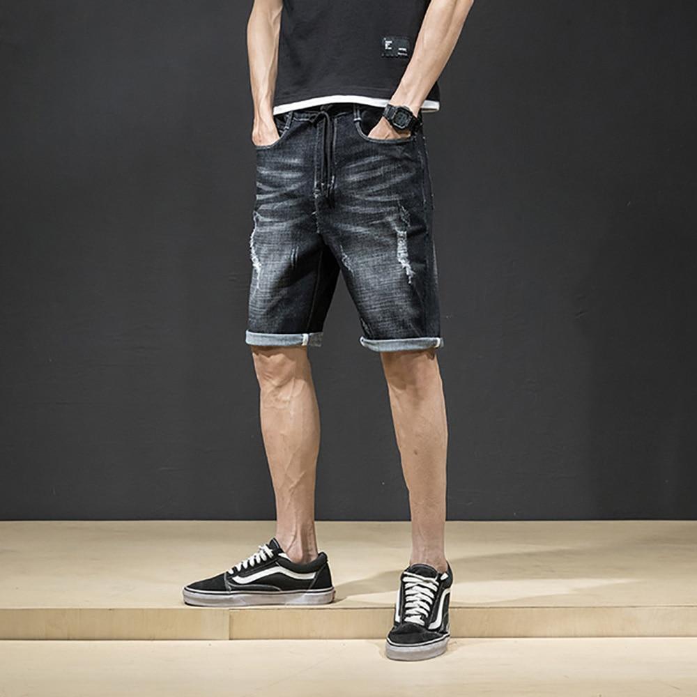 AudWhale Men's Ripped Denim Shorts Mid Waist Straight Summer Jeans Shorts For Men Knee Length Casual Men's Shorts