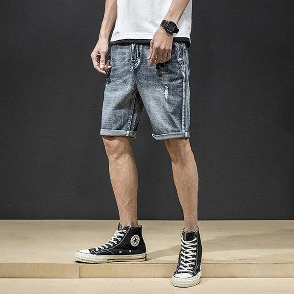 AudWhale Men's Ripped Denim Shorts Mid Waist Straight Summer Jeans Shorts For Men Knee Length Casual Men's Shorts