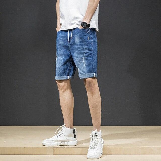 AudWhale Men's Ripped Denim Shorts Mid Waist Straight Summer Jeans Shorts For Men Knee Length Casual Men's Shorts