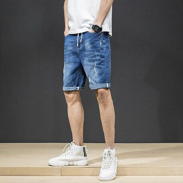 AudWhale Men's Ripped Denim Shorts Mid Waist Straight Summer Jeans Shorts For Men Knee Length Casual Men's Shorts