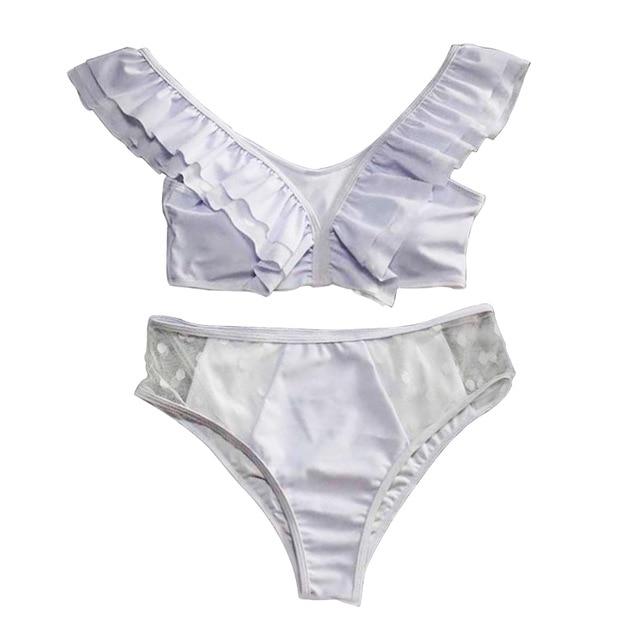 2019 Dot Print Mesh Fabric High Waist Two-piece Separate Ruffled Swimwear V Neck	Two Pieces Ruffles Swimming Suit Y917