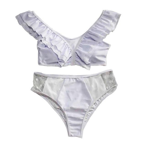 2019 Dot Print Mesh Fabric High Waist Two-piece Separate Ruffled Swimwear V Neck	Two Pieces Ruffles Swimming Suit Y917