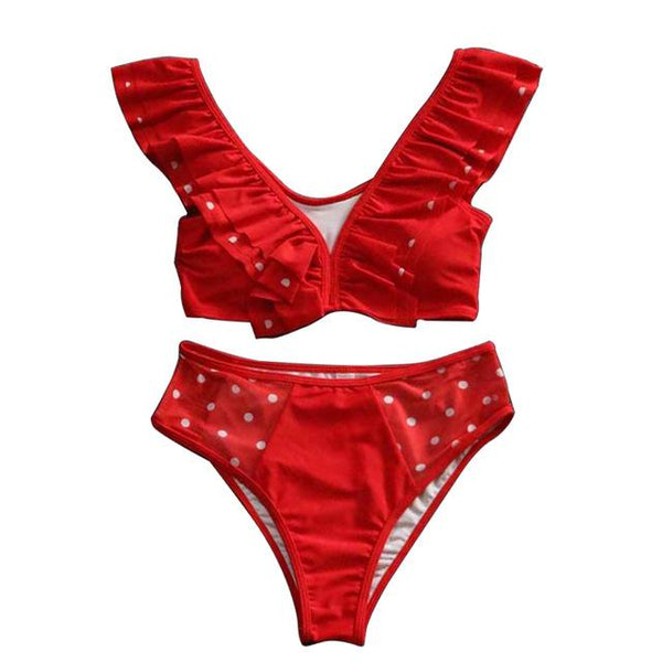 2019 Dot Print Mesh Fabric High Waist Two-piece Separate Ruffled Swimwear V Neck	Two Pieces Ruffles Swimming Suit Y917