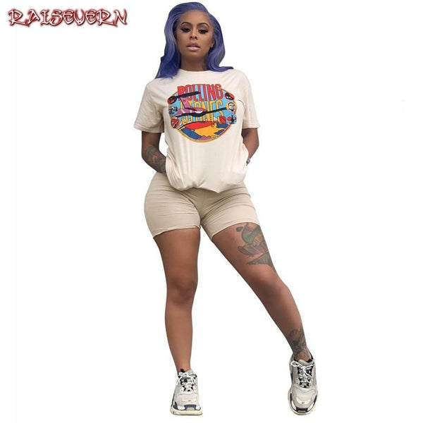 RAISEVERN Women Letters Print 2 Piece Sets Summer Short Sleeve Top And Shorts Set Track Suit Casual Two Pieces Outfits Tracksuit