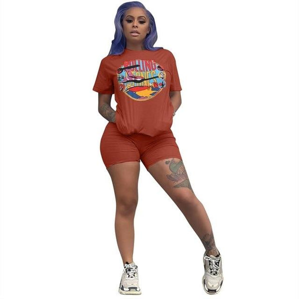 RAISEVERN Women Letters Print 2 Piece Sets Summer Short Sleeve Top And Shorts Set Track Suit Casual Two Pieces Outfits Tracksuit