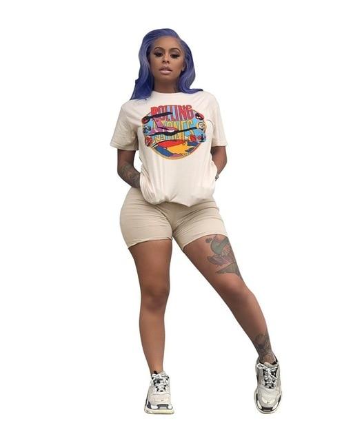 RAISEVERN Women Letters Print 2 Piece Sets Summer Short Sleeve Top And Shorts Set Track Suit Casual Two Pieces Outfits Tracksuit