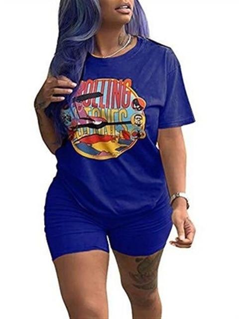 RAISEVERN Women Letters Print 2 Piece Sets Summer Short Sleeve Top And Shorts Set Track Suit Casual Two Pieces Outfits Tracksuit