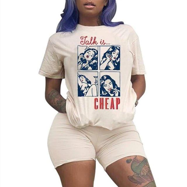 RAISEVERN Women Letters Print 2 Piece Sets Summer Short Sleeve Top And Shorts Set Track Suit Casual Two Pieces Outfits Tracksuit