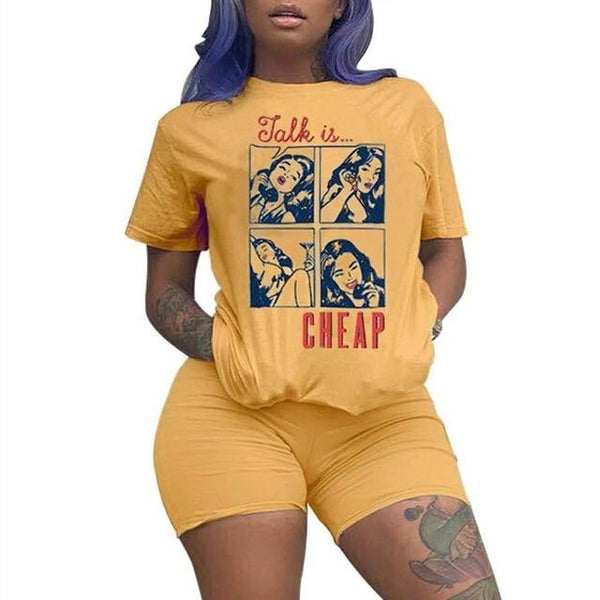 RAISEVERN Women Letters Print 2 Piece Sets Summer Short Sleeve Top And Shorts Set Track Suit Casual Two Pieces Outfits Tracksuit