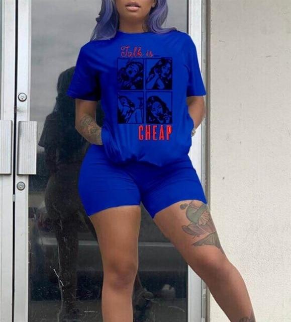 RAISEVERN Women Letters Print 2 Piece Sets Summer Short Sleeve Top And Shorts Set Track Suit Casual Two Pieces Outfits Tracksuit