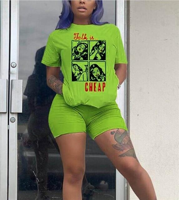 RAISEVERN Women Letters Print 2 Piece Sets Summer Short Sleeve Top And Shorts Set Track Suit Casual Two Pieces Outfits Tracksuit