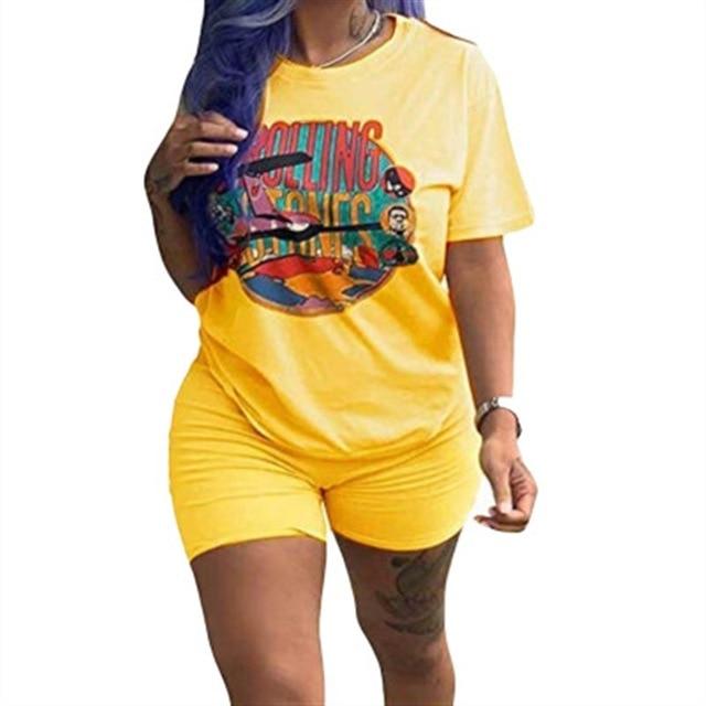 RAISEVERN Women Letters Print 2 Piece Sets Summer Short Sleeve Top And Shorts Set Track Suit Casual Two Pieces Outfits Tracksuit