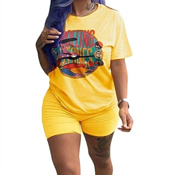 RAISEVERN Women Letters Print 2 Piece Sets Summer Short Sleeve Top And Shorts Set Track Suit Casual Two Pieces Outfits Tracksuit
