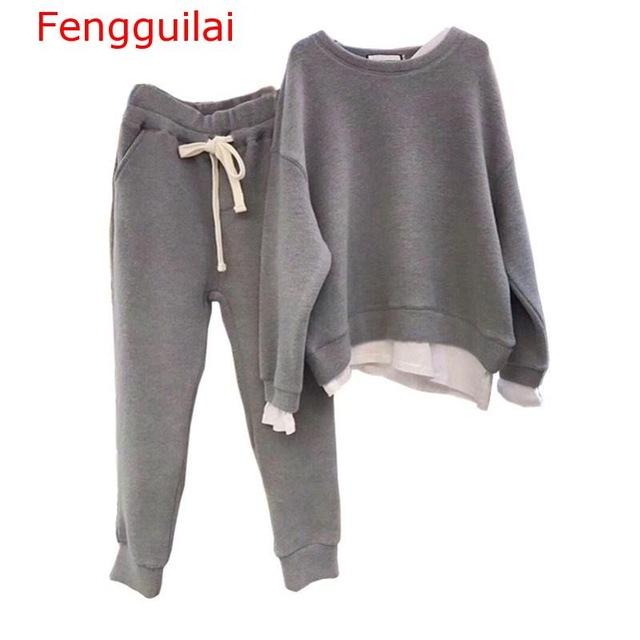 Two Piece Sets 2019 Winter Sweatshirt Female Casual O-Neck Loose Suits Long Sleeve Warm Sets Women Patchwork