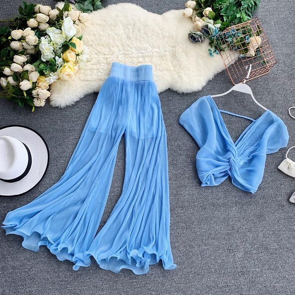 Gaganight Sexy Two Pieces Set Women Ankle Length Wide Leg Pants Suit Chic 2 Piece Outfits Loose Top Blouse Elegant 2 Piece Set