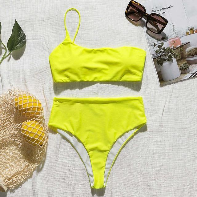 Mossha Sexy thong Pink bikini Neon swimsuit female Bathing suit One shoulder Bikini set 2019 swimwear women High cut biquini new