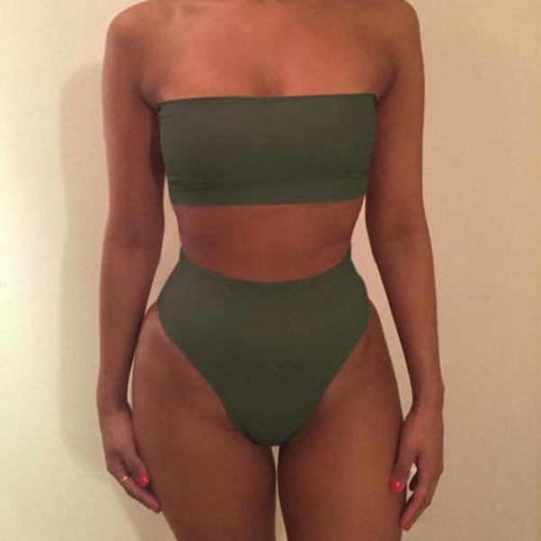 2019 Sexy High Waisted Strapless Boob Tube Top Bikini Set Swimsuit Solid Black White Army Green Swimwear Brazilian Beachwear