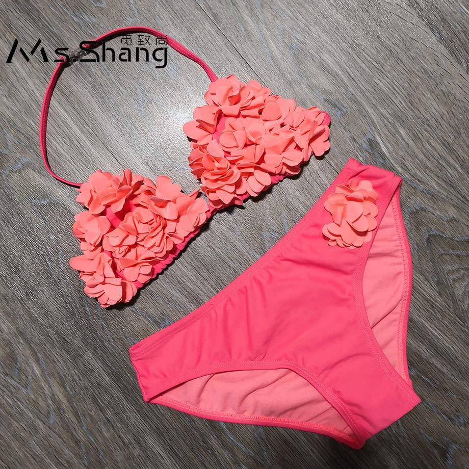8-14 Years Children's Two Piece Swimwear Pink Baby Girl Bikini 3D Flower Girl Swimsuit Kids Teenager Girl Bathing Suit Swim Wear