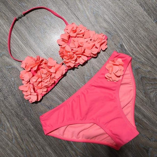 8-14 Years Children's Two Piece Swimwear Pink Baby Girl Bikini 3D Flower Girl Swimsuit Kids Teenager Girl Bathing Suit Swim Wear