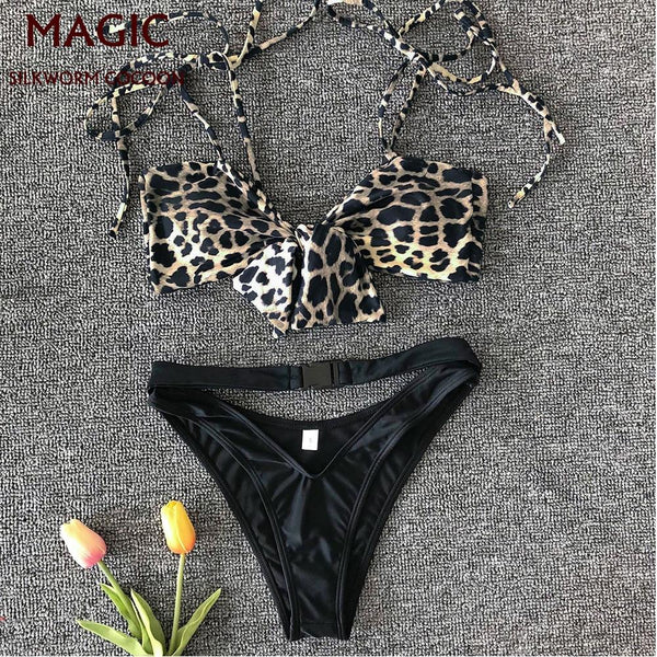 Bikinis Leopard Print Two Piece Swimsuit Women Bandage Swimwear Swimming Suit Female Sexy High Waist Belt Bathing Suit Biquini